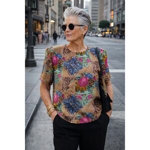 Vintage Women's Dahan 100% Silk Floral Print Blouse Size Small Padded Shoulder